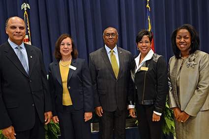 (l-r) from N.C. A&T are Dr. Harold L. Martin Sr., chancellor; Dr. Inez Tuck, dean of the School of Nursing; and Dr. Winser Alexander, provost and vice chancellor for academic affairs. From VGCC are Dr. Angela Ballentine, vice president of academic and student affairs, and Dr. Stelfanie Williams, president. 
